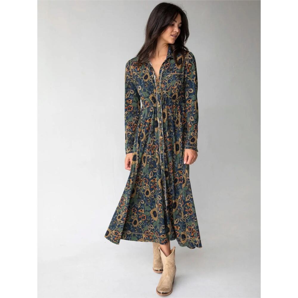 NATURAL LIFE Christa Knit Button-Up Midi/Maxi Dress in Navy Dahlia Garden Size M